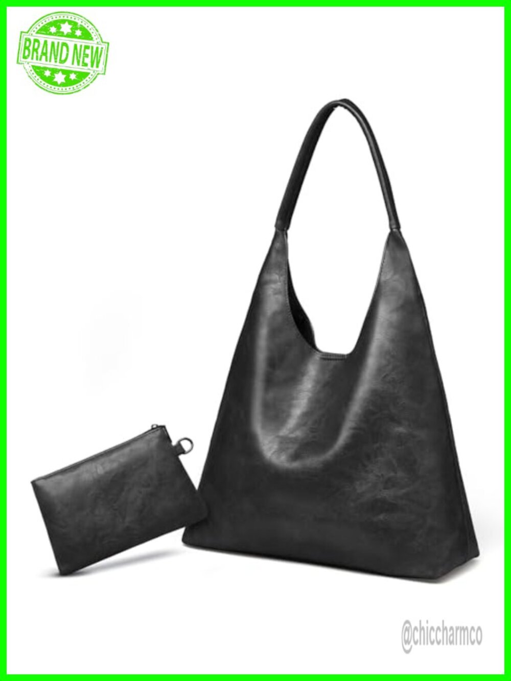 Vegan Leather Slouchy Hobo Shoulder Bag Tote with Makeup Pouch